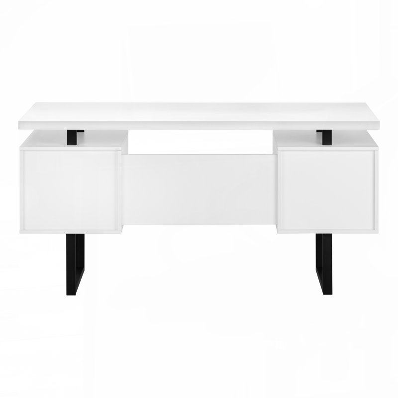 Bureau d'ordinateur, bureau personnel, ordinateur portable, installation à gauche, à droite, tiroirs de rangement, 60 po, travail, stratifié blanc, métal noir, contemporain,
