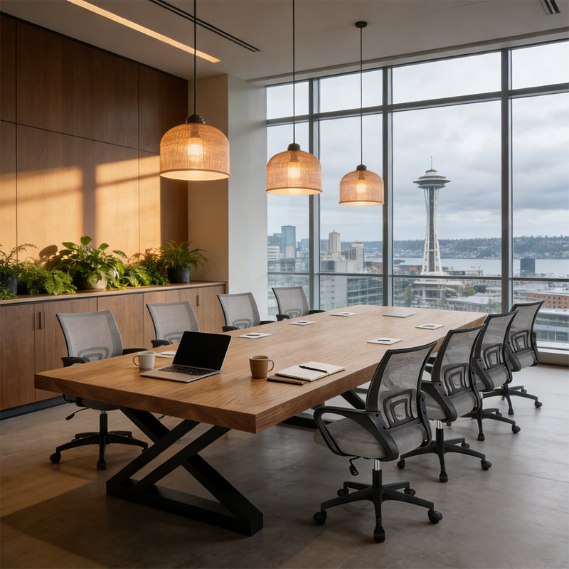 Table de conférence moderne à 8 places en bois massif industriel, jumelée à 8 chaises de bureau en filet respirant