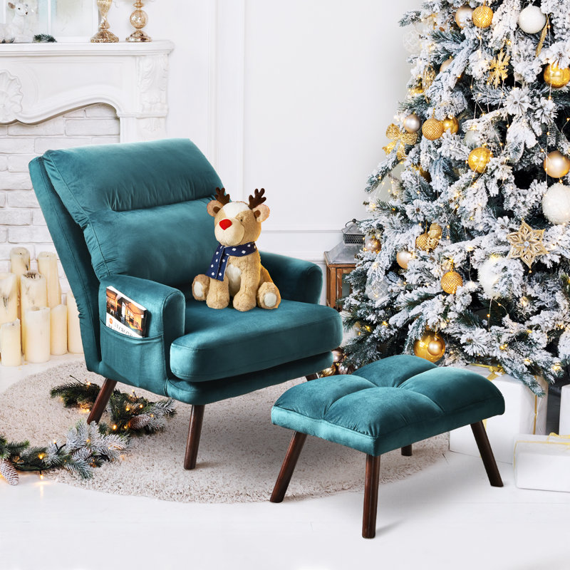 Alida 29.52'' Wide Lounge Chair and Ottoman, Dark Green Suede