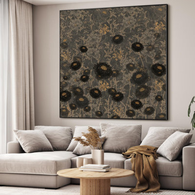 Extra Large Wall Art Fabric Print - Vintage Floral Pattern Dark Botanical with Gold Accents Artwork Decor for Living Room or Bedroom - "Frame Assembly Required (Unfinished Frame)"