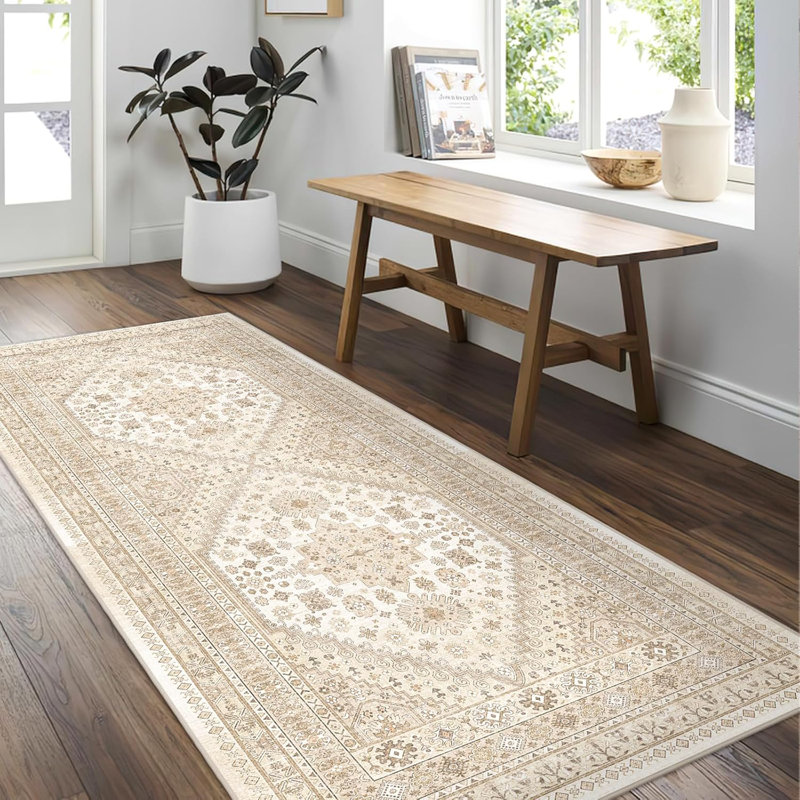 Medallion Non Slip Washable Rug(Cream), Runner 2' x 5'