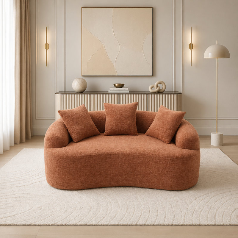 Causeuse en chenille courbée sans assemblage avec mousse 30D et 3 coussins, Coral Fabric