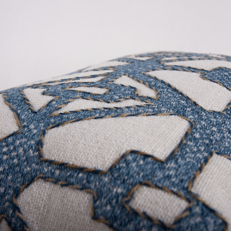 Ivory and Sky Blue Embroidered Rectangular Down Pillow