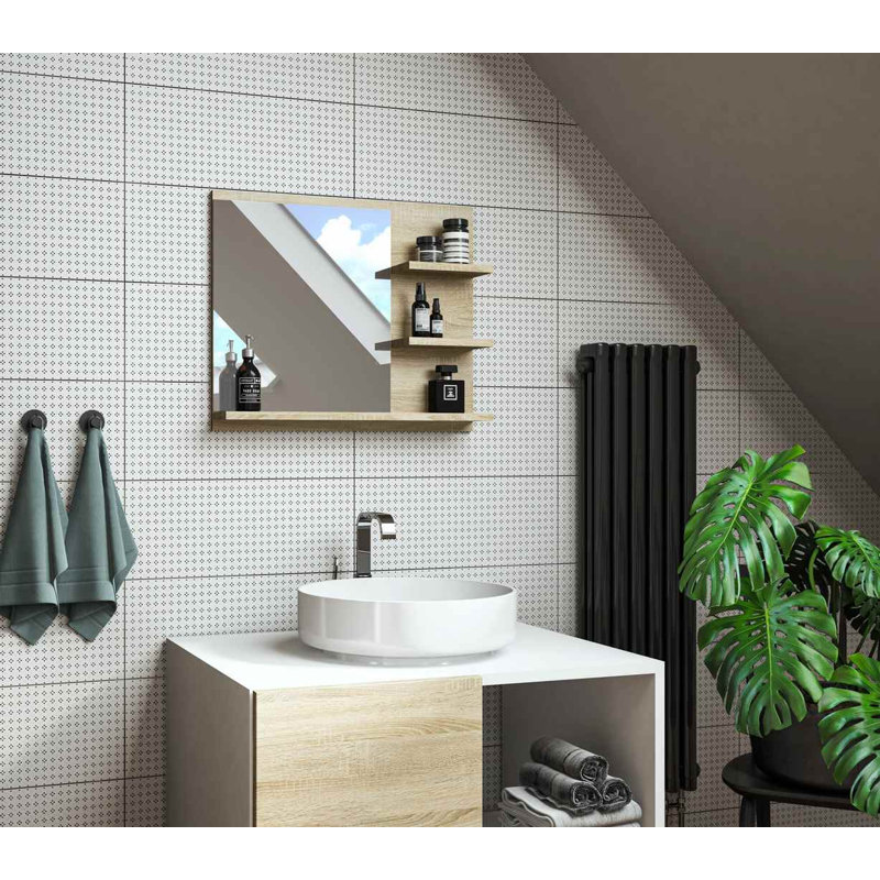 Jakia Rectangle Wall Mirror with Shelves, Brown