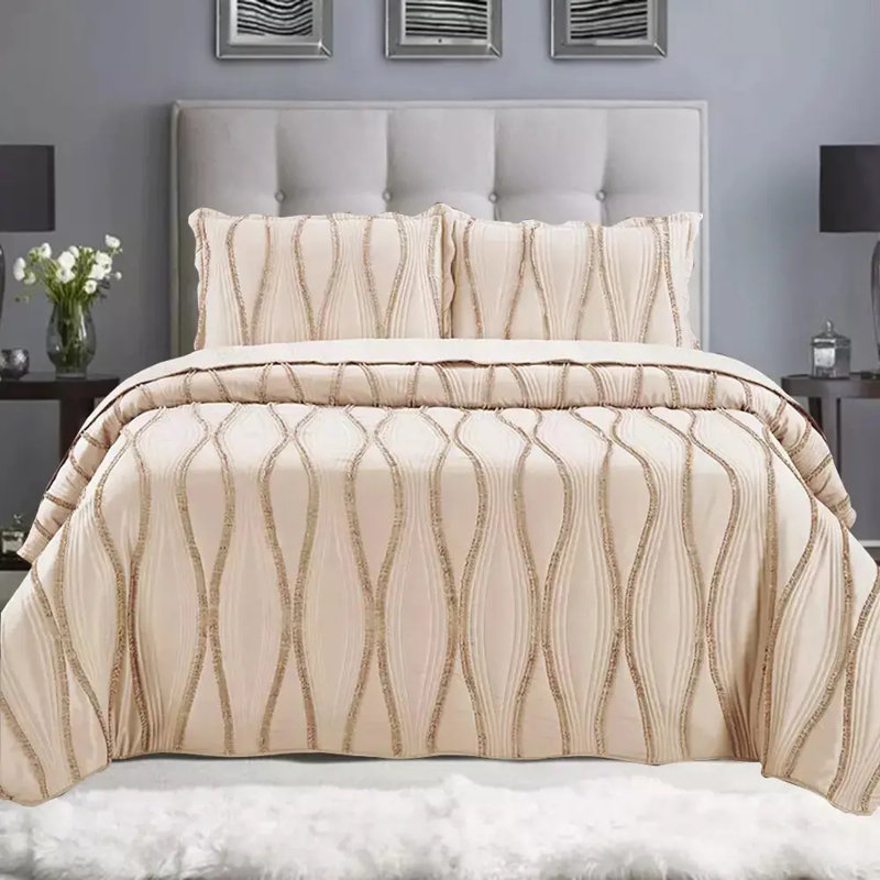 3 Piece Quilted Bedspread Reversible Comforter Bedding Set Bed Throw, Beige Floral, Single Bedspread + 2 Standard Shams