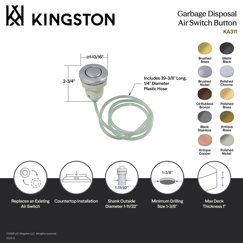 Kingston Brass Trimscape Garbage Disposal Air Switch Button, Polished Brass