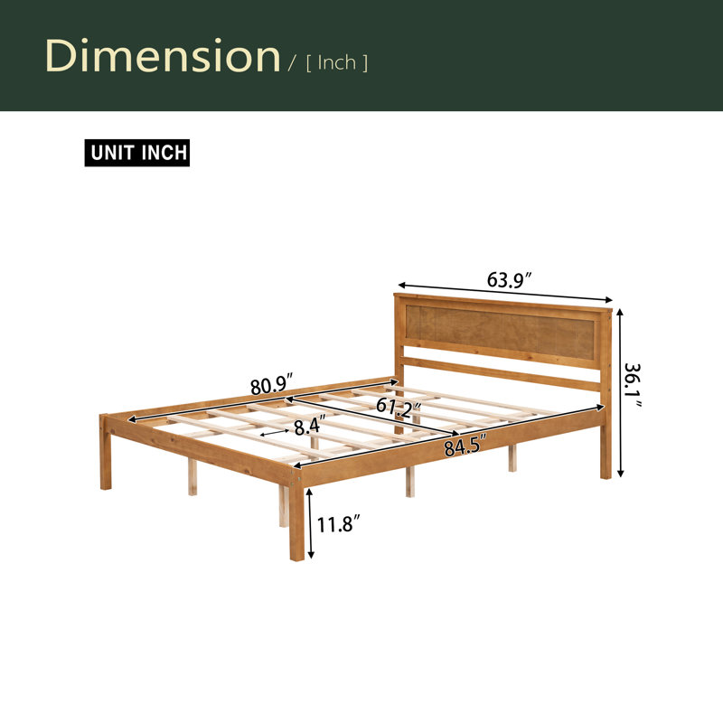 Base de lit plateforme avec tête de lit, support à lattes de bois, aucun sommier requis, Grand lit, Chêne