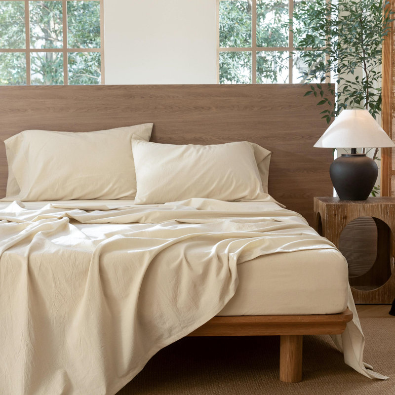 100% Washed Cotton Sheet Set Extra Deep Pocket Linen Like Textured, Almond Milk Grey, King Sheet Set with 2 Pillowcases