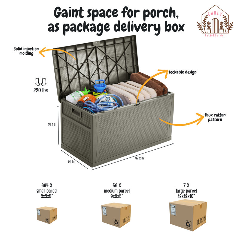 EHHLY 121 Gallon Outdoor Storage Box Large, Lockable Outside Storage Containers Waterproof Patio Cushions Storage Deck Boxes, Rattan Plastic Garden Hose Storage Boxes Resin Pool Storage Bins