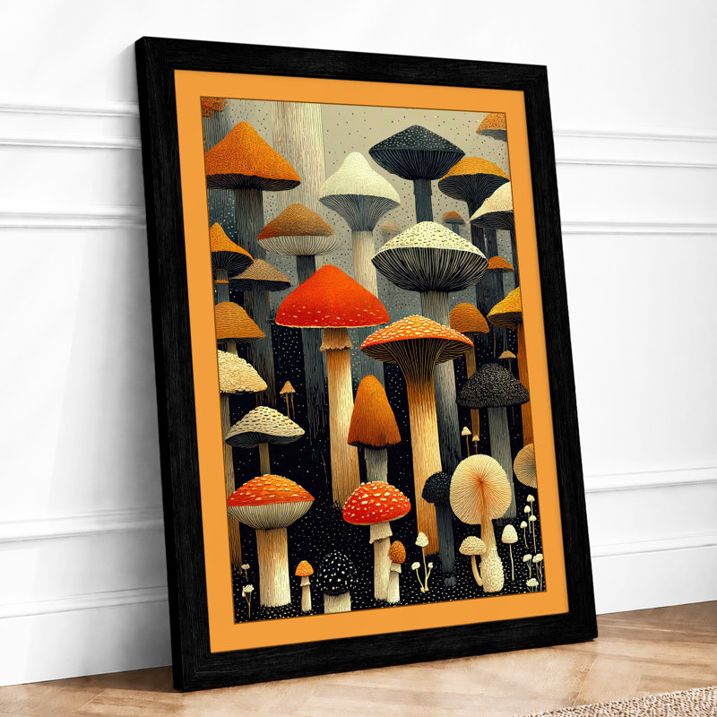 Mushroom Forest Modern - Single Picture Frame Print, Black, A3 - 42.0 x 29.7 cm