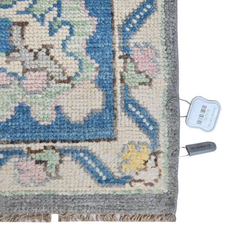 Tapis gris et bleu noué à la main de haute qualité Oushak