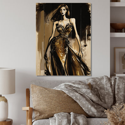 High Fashion Model Sketch In Gold II - Fashion Woman Print on Natural Pine Wood