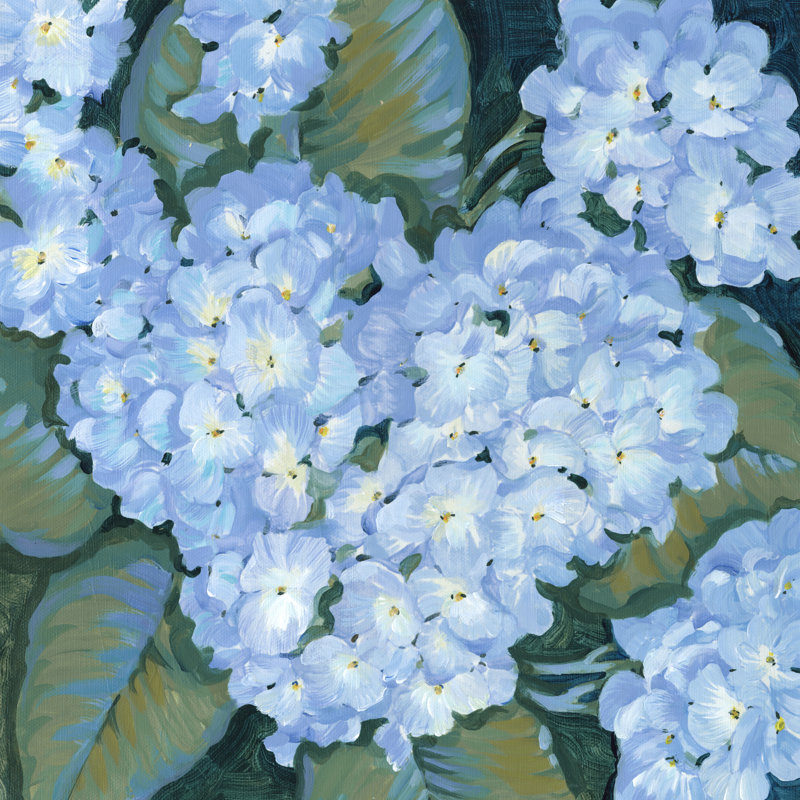 «Blue Hydrangeas II», peinture sur toile, H 12 po x l 12 po x P 1,25 po, Toile tendue