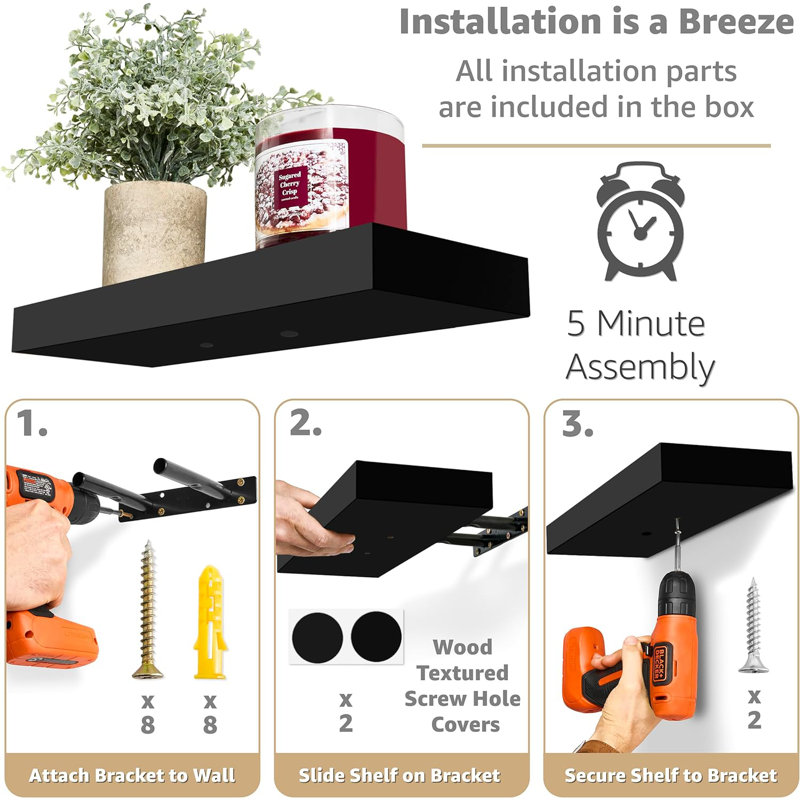 Floating Shelves with Invisible Mounting Set of 4, Black, 1.5" H x 16.25" W x 5.5" D