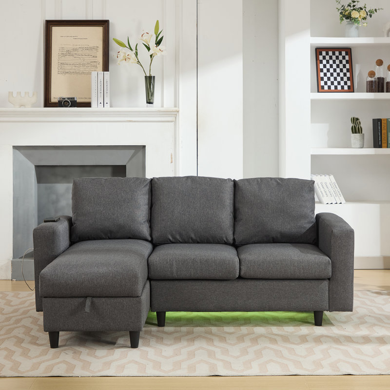 L-shaped 3 Seater Convertible Sofa With Led, Usb And Ottoman, Grey