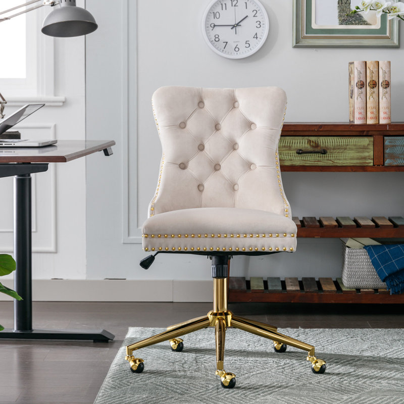 Chaise de bureau, chaise de bureau pivotante rembourrée et capitonnée en velours, Cream White, Gold