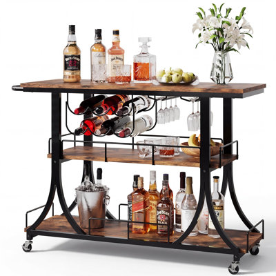  3-Tier Rustic Wooden Bar Cart with Wheels, Farmhouse Style Solid Wood Rolling Serving Cart with Wine Rack for Home Bar, Heavy Duty Mobile Liquor Trolley for Kitchen Living Room