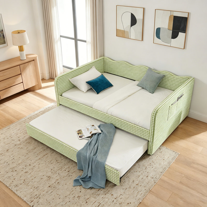 Daybed, Gingham Upholstered 3-in-1 Versatile Convertible Sofa Bed with Pull-Out Trundle & Side Storage Pockets, Ideal for Multiple Room Layouts and Small-Space Living