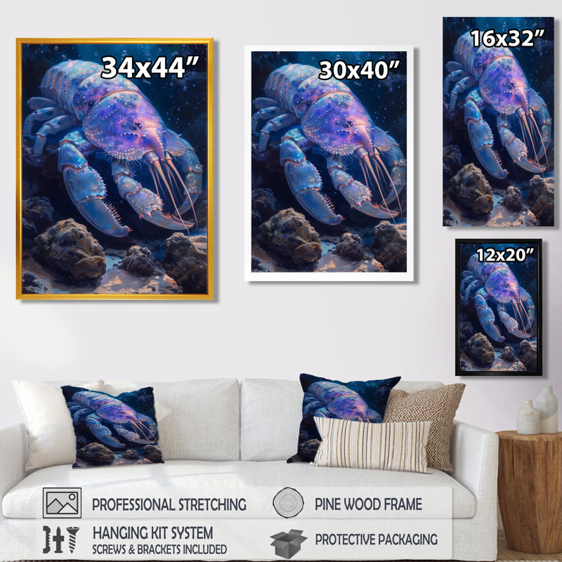 «Blue Glowing Abyss Crabe Creatures - Sea Creatures», reproduction d'art, H 12 po x l 20 po, Toile tendue