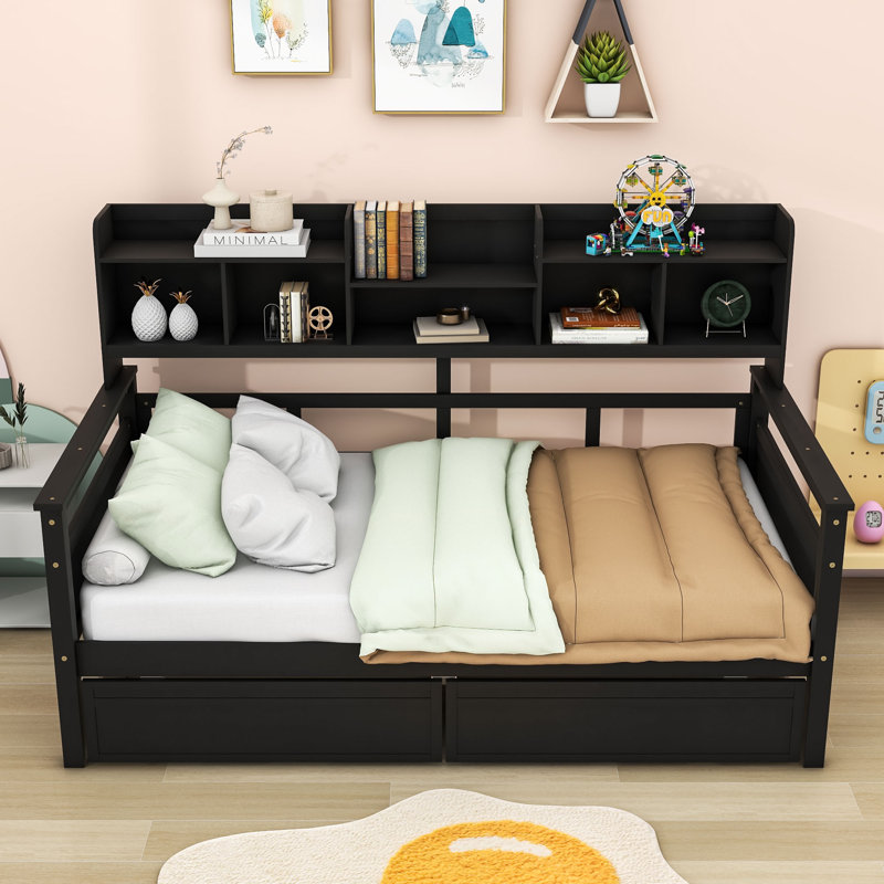 Pierrot Daybed with Two Drawers, Shelves and Slats, Twin, Espresso