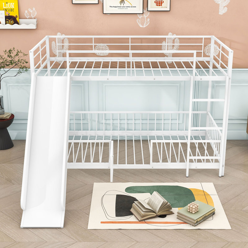 Twin Over Twin Metal Bunk Bed With Slide, Convertible Loft Design And Safety Guardrail, White