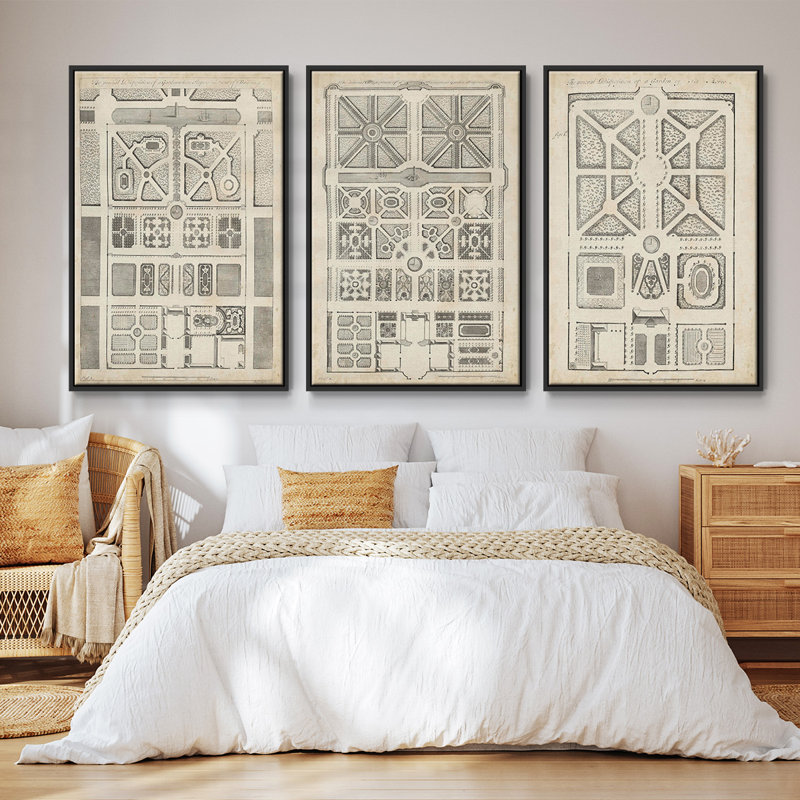 Antique Garden Design III - Ensemble de 3 cadres flottants sur toile, Noir, H 36 po x l 72 po