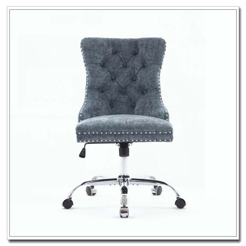 Fauteuil de bureau chenille capitonné à boutons avec base en métal chromé, chaise de bureau pivotante réglable, Bleu clair