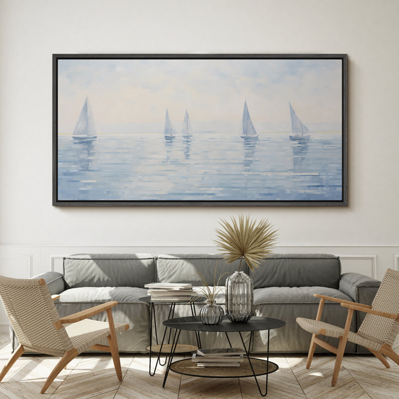 Voiliers nautiques côtiers sereins à l'aube dans l'océan, H 30 po x l 60 po, Noir, noir, noir, noir