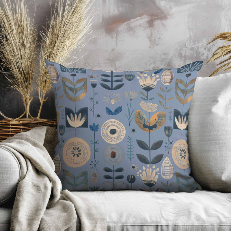Coussin en suède Baltic Blossoms, Bleu / orange / crème, Square 16"