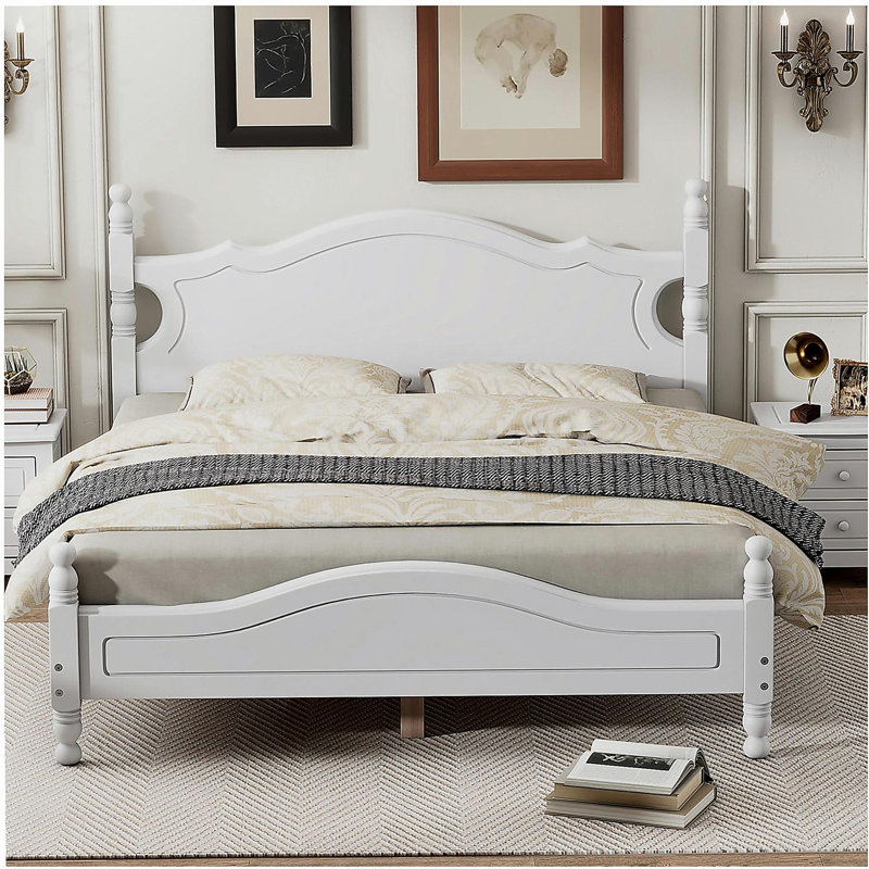 Base de lit plateforme en bois, lit plateforme de style rétro, avec support de traverse en bois, Blanc