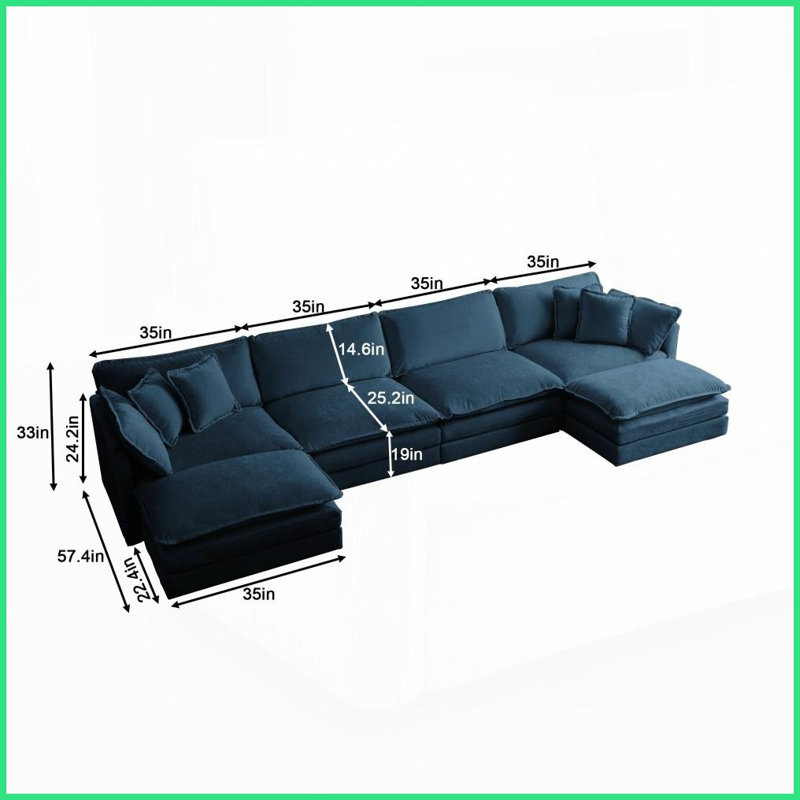 Canapé modulaire moderne en U avec méridienne réversible et amp; Double repose-pieds, chenille bleue pour le salon, Bleu
