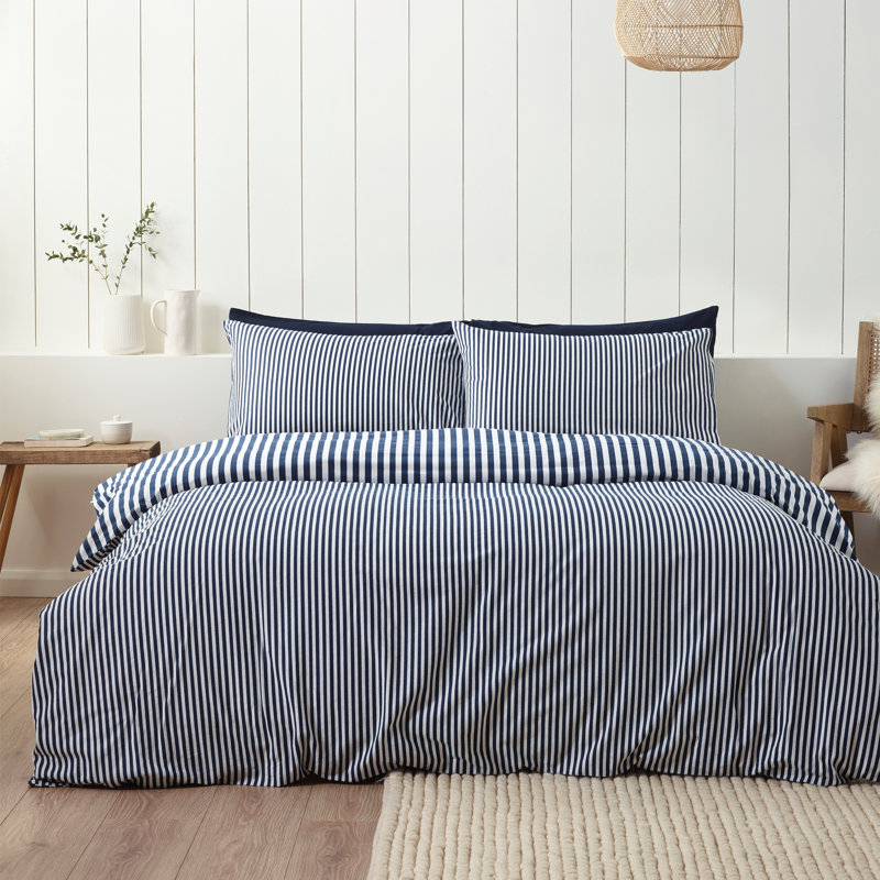 Brushed Stripe Cotton Reversible Duvet Cover Set, Navy Blue, Single Duvet Cover + 1 Standard Pillowcase