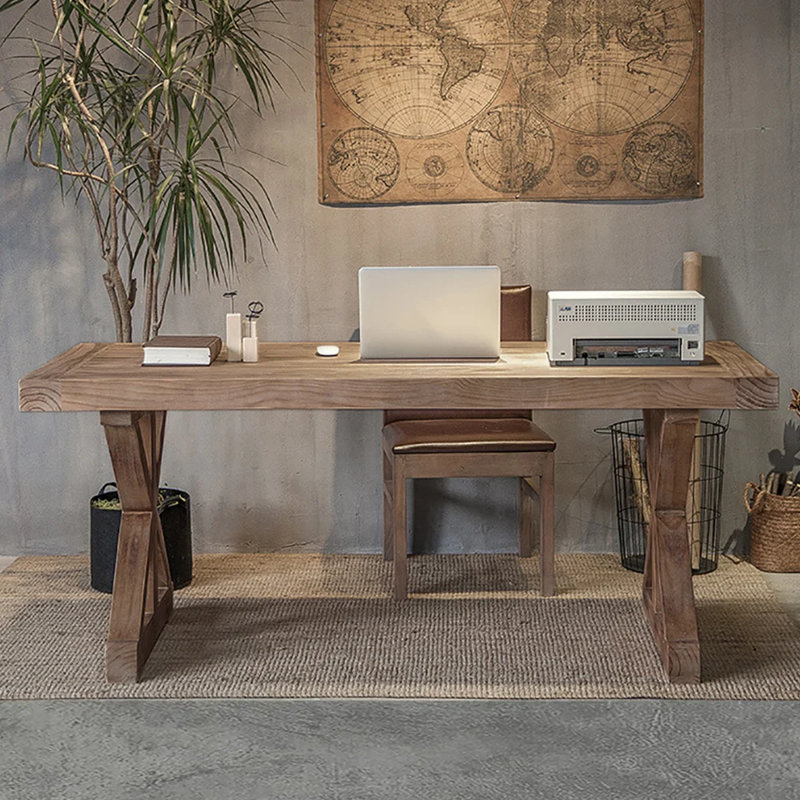 Natural Wood Rustic Farmhouse Trestle Base Office Desk
