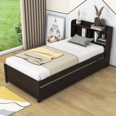 Wood Platform Bed with Trundle and Bookcase