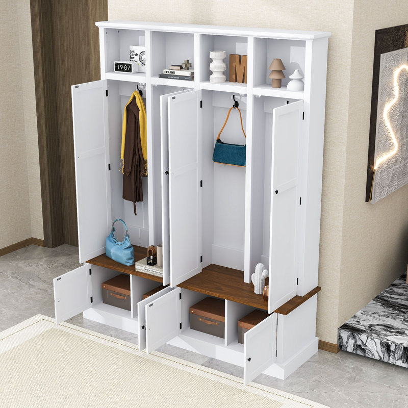 Farmhouse Hall Tree with Storage Bench, Cabinet and 4 Hooks, White