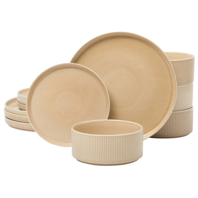 Gibson Elite Solana Coast 12 Piece Stoneware Reactive Glaze (Service for 4) Ceramic Plates and Bowls Modern Shape Embossed Dinnerware Set
