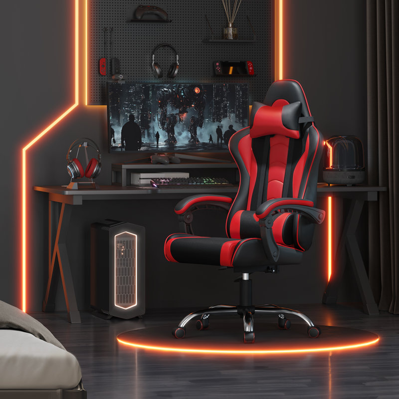Fauteuil de jeu à haut dossier avec coussin lombaire à massage, Noir / Rouge