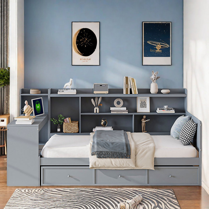 Wooden Daybed With 3 Drawers, Usb Ports And Desk, Gray, Twin
