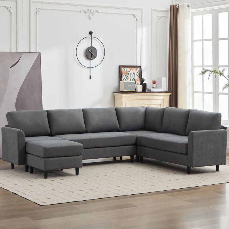 Lyles 107.3" Sectional Sofa With Armrest Black Legs And Moveable Ottoman Seater For 7, Teal Fabric