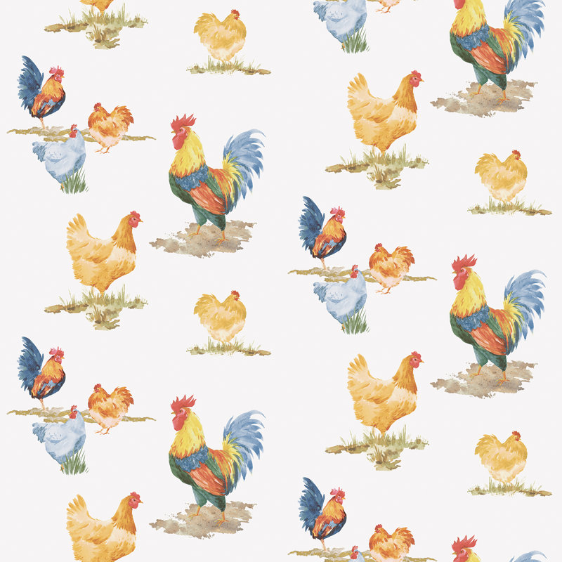 Lockney Free Range Chickens 10m X 53cm Wallpaper Roll, Blue/Yellow/Red