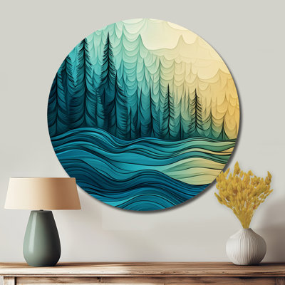 Vert forêt de pin enchantée avec ondulations du lac - paysages ronds, art mural en métal