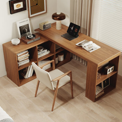 Light-walnut L-Shaped Solid Wood Desk
