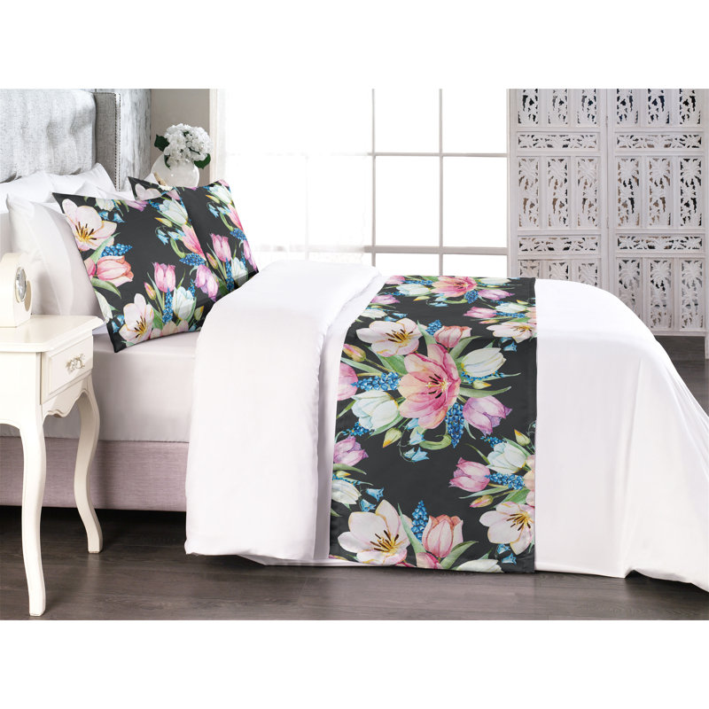 Ambesonne Nature Bed Runner Set Spring Flowers Vintage Plot Pale Fuchsia and Lime Green, King