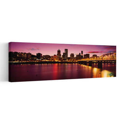 Skyscrapers lit up at sunset Willamette River Portland Oregon USA 1 Piece Wrapped Canvas Panoramic Wall Art