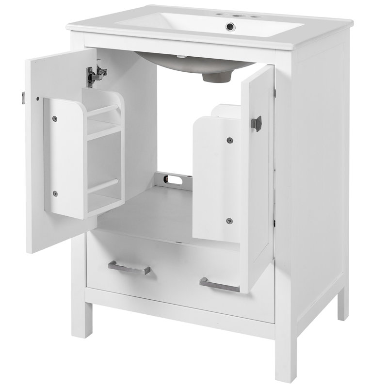 Meuble-lavabo de 24 pouces avec lavabo encastré intégré, deux portes, un tiroir, une tablette de porte à double couche, une conception à fermeture en douceur et un espace de fonctionnement silencieux pour les salles de bain d'invités