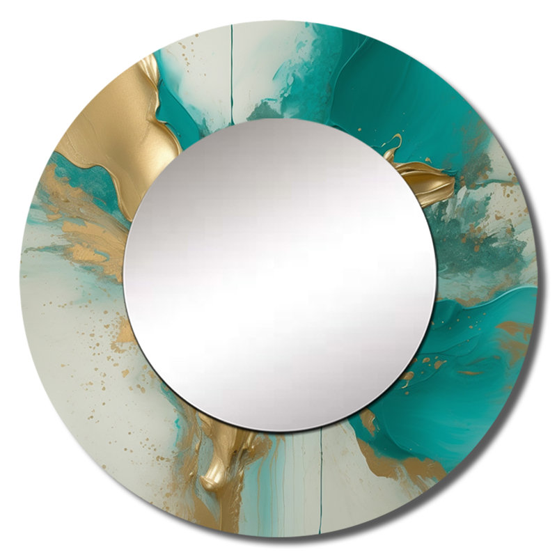 Simpert or et marbre turquoise Fuild Ink II - grand miroir en marbre, décor de miroir mural rond doré unique, art imprimé en métal