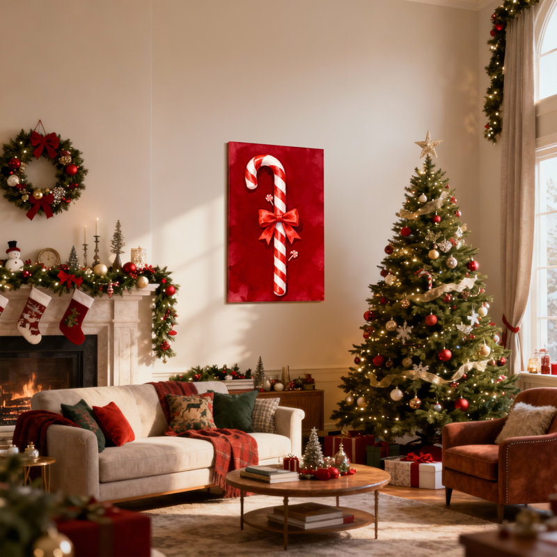 Ensemble de 3 impressions sur toile, canne de Noël avec arc rouge et sucettes, H 18 po x l 12 po