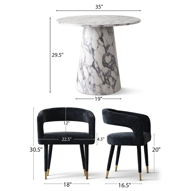 Modern 35" Faux Marble Round Dining Set For 2 With Upholstered Arm Chairs, Black