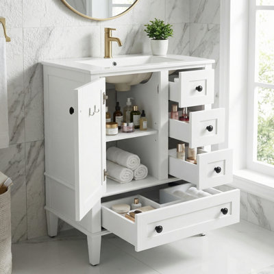 Meuble-lavabo gris 24 po avec lavabo intégré en céramique et tablette de rangement à deux niveaux derrière le panneau de porte, blanc