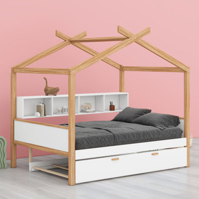 Lit en bois avec lit gigogne et bibliothèque pour enfants ou chambre d'amis